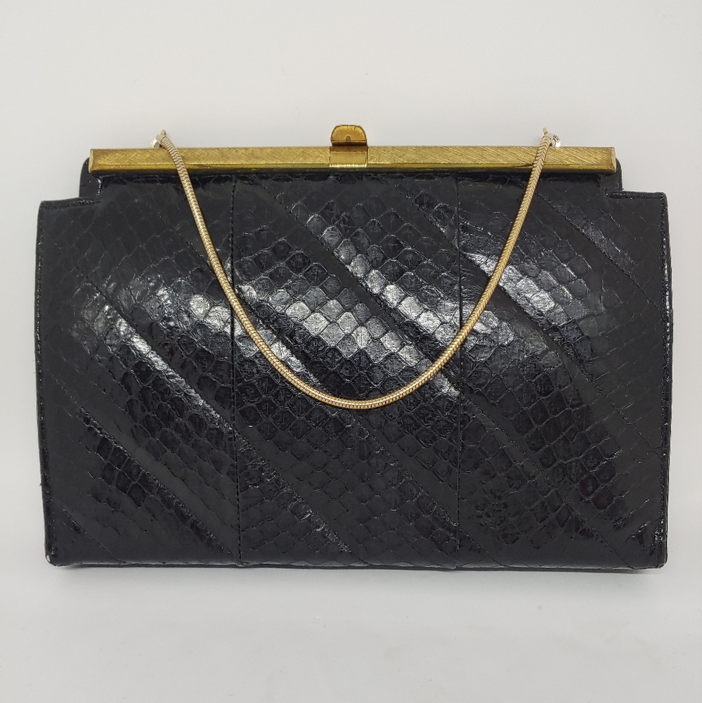 Vintage Black Snakeskin Style Baugette Purse
